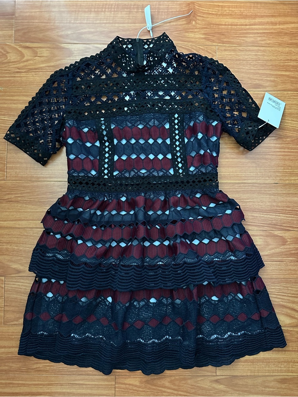 Self-Portrait Navy, Burgundy & Black Lace Panel Dress - NWT Size 10
